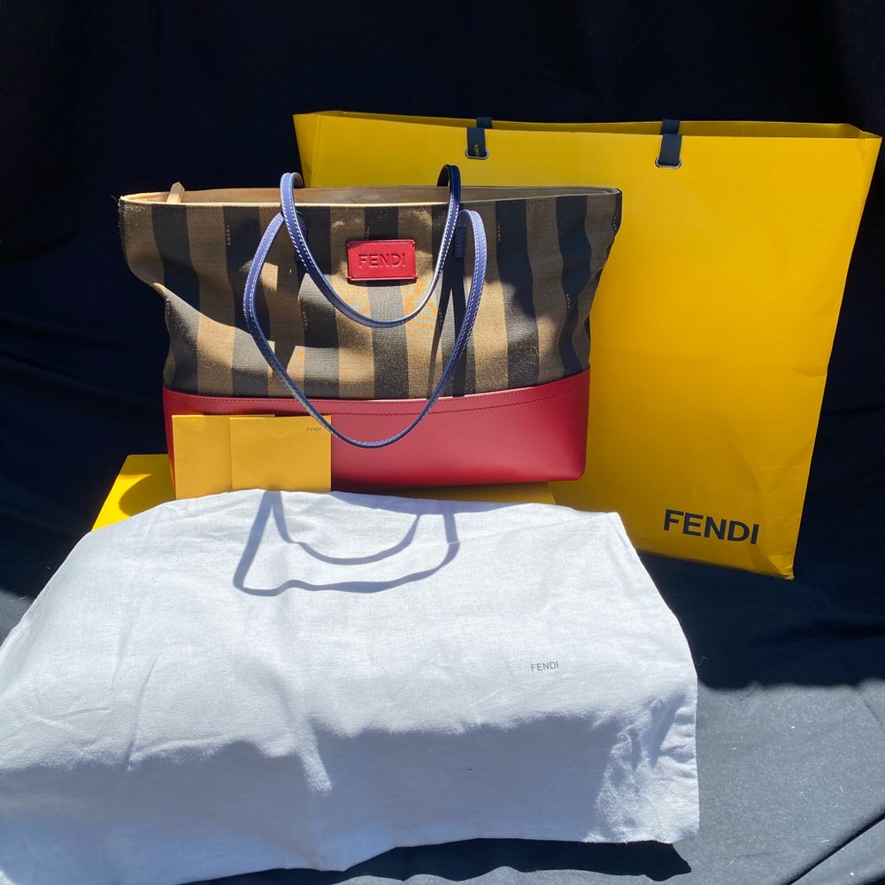 Fendi peguin stripe roll brown & red tote